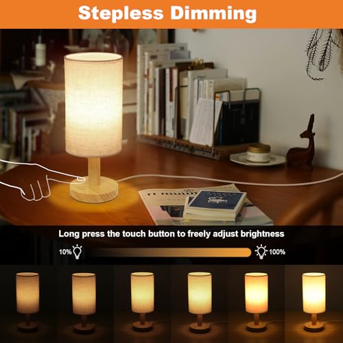 Small Touch Table Lamps Set of 2 with Stepless Dimming&USB Plug, Natural Round Wood Base & Linen Fabric Shade |Soft Ambient Night Light |Minimalist Boho Bedside Lamp for Bedroom,Nursery,Kitchen,Dorm - size: Round - USB Plug Touch - Set of 2