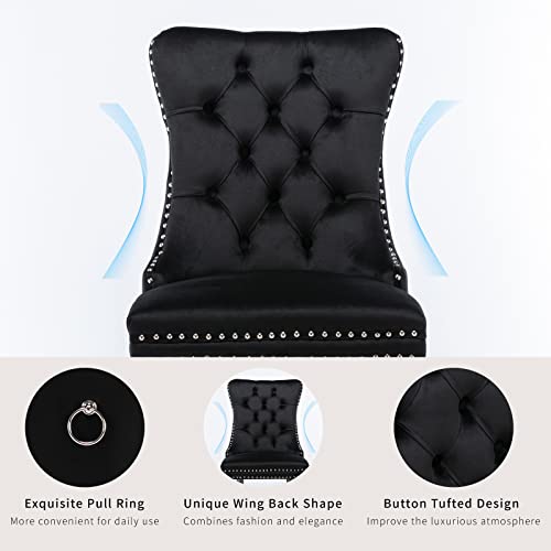 Black Velvet Dining Chairs Set of 2, Tufted Kitchen & Dining Room Chairs | Two Fabric Tufted Dinning Chairs, Velvet Upholstered, Wing Back, Metal Pull Ring, Wood Frame, Mid Century Modern - color: B-1 Black Velvet, Wood Legs, size: 2