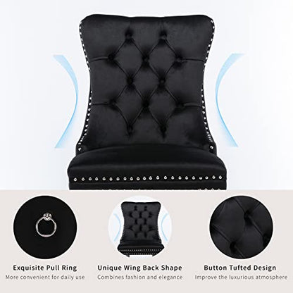 Black Velvet Dining Chairs Set of 8, Tufted Kitchen & Dining Room Chairs | Eight Fabric Tufted Dinning Chairs, Velvet Upholstered, Wing Back, Metal Pull Ring, Wood Frame, Mid Century Modern - color: B-1 Black Velvet, Wood Legs, size: 8