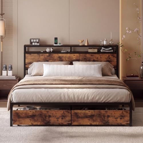 LIKIMIO King Size Bed Frame with Headboard, 2 Drawers and Charging Station - color: Retro Brown, size: King