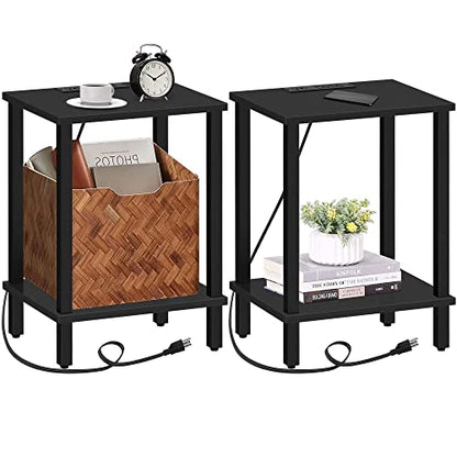 TUTOTAK End Table with Charging Station, Side Table Set of 2, Nightstand | 2-Tier Storage Shelf, Bedside Table with USB Ports, Sofa Table for Small Space, Livingroom, Bedroom Black TB01BK041 - color: Black