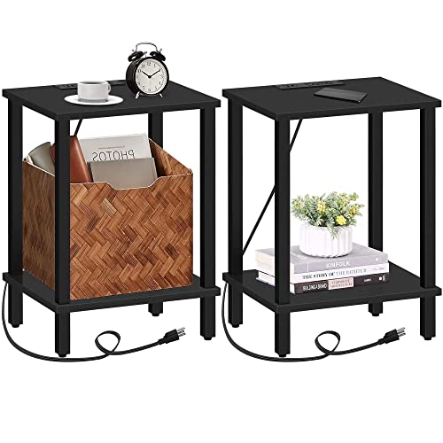 TUTOTAK End Table with Charging Station, Side Table Set of 2, Nightstand | 2-Tier Storage Shelf, Bedside Table with USB Ports, Sofa Table for Small Space, Livingroom, Bedroom Black TB01BK041 - color: Black