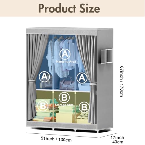 Portable Closet, Storage Organizer Wardrobe, Non-Woven Fabric Cover | 3 Hanging Rods, 6 Storage Shelves and Side Pockets, Free Standing Clothes Rack with Non-Woven Fabric Cover, Grey