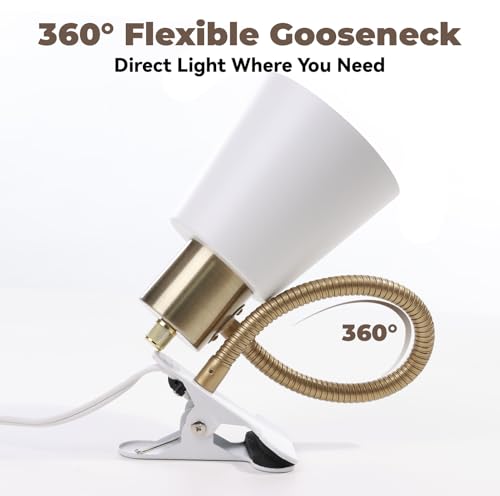 Desk lamp Eye-Caring Table Lamps, 360°Rotation Gooseneck Clip on Lamp Reading Light, Portable Reading Book Light, Clamp Light, Study Desk Lamps for Bedroom and Office Home Lighting (Black and White) - color: White and Gold