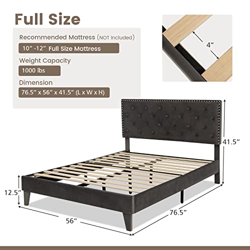 Upholstered Full Bed Frame, Low Velvet Mattress Foundation w/Wooden Slats, Button Tufted & Nailhead Trim Headboard, No Box Spring Needed, Easy Assembly, Double Platform Bed Frame Full Size - size: Full