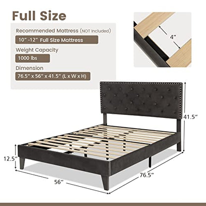Upholstered Full Bed Frame, Low Velvet Mattress Foundation w/Wooden Slats, Button Tufted & Nailhead Trim Headboard, No Box Spring Needed, Easy Assembly, Double Platform Bed Frame Full Size - size: Full