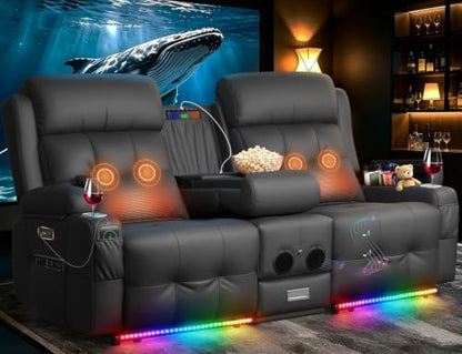 Home Theater Seating, Power Loveseat Recliner Sofa with Massage & Heat | Wall Hugger Reclining Loveseat with USB, RV Couch with LED Lights, Flip Backrest, Cup Holders for Movie Theater, Gaming Room - color: Dark Gray, size: 72" - 2 Seats
