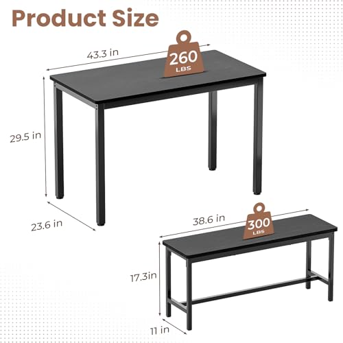 Dining Table Set for 4, Kitchen Table with 2 Benchs, Black | Modern Functional 3 Piece Space-Saving Dining Room Table Set for Apartment, Breakfast Nook, Small Space - color: Black