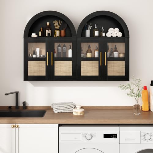 RUSTOWN Arched Bathroom Wall Cabinet with 2 Glass & Rattan Doors | Rattan Medicine Cabinet, Farmhouse Over the Toilet Storage Cabinet, Adjustable Shelves, 3-Tier Wall Mounted Cabinets - color: Rustic Black