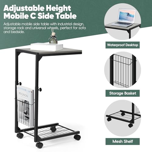 C Shaped End Table Small Couch Side Table with Metal Frame Slide Under Couch Table for Sofa Adjustable Height C Table for Living Room Bedroom Small Spaces, Grey - color: Grey