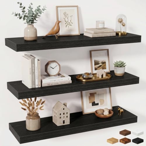 Fun Memories Floating Shelves for Wall 36 Inches, Wood Shelves with Invisible Bracket, 10" Deep Shelves Wall Mounted, Large Wood Floating Shelves for Living Room Bathroom, Black, Set of 3 - color: Classic Black, size: 36W x 10D x 1.5H