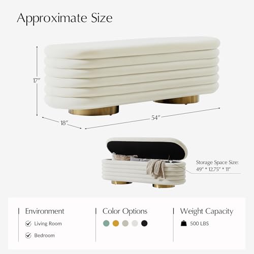 HULALA HOME Velvet Storage Bench, Large Upholstered Ottoman with Button Tufted Design for Living Room, Bedroom, Entryway, or Window, End of Bed Bench with Shoe Storage, Modern Home Decor, Ivory - color: Ivory