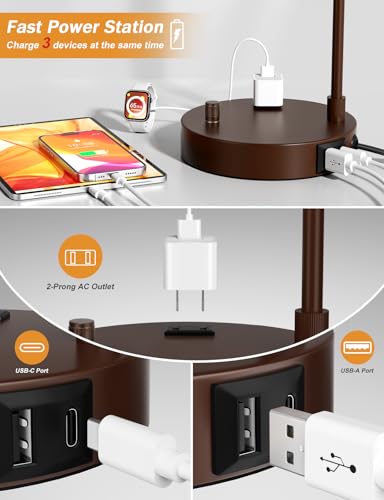 Innqoo Brown Table Lamp for Bedroom with USB Port and Outlet, Dimmable Nightstand Bedside Lamps with Linen Lampshade, Desk Lamp for Home Office, Living Room, Guest Room, LED Bulb Included - color: E-Beige Shade & Brown Base