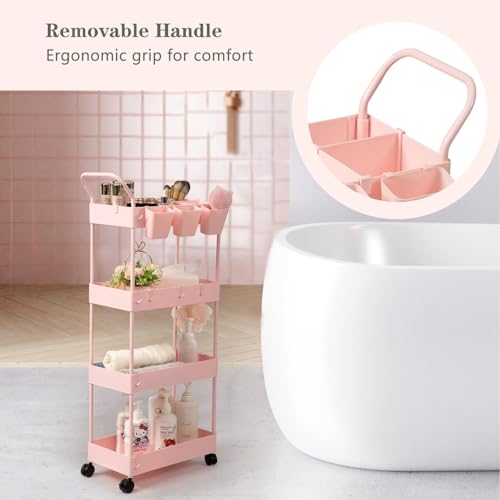 4-Tier Pink Slim Storage Cart, Narrow Laundry Cart with Wheels, Dividers, Hanging Cups, Hooks, Easy Assembly - style: 4 Tier Pink