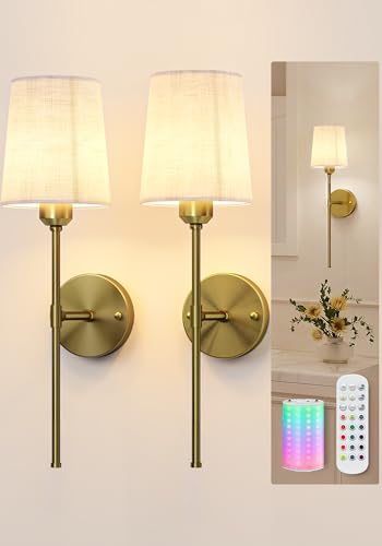Rechargeable Wall Lights, Battery Operated Wall Sconce Set of 2, 7500mAh, Dimmable, Remote Control, Timer, Magnetic Bulb, 3 Color Temps, RGB, Wireless Wall Lamps, for Bedroom Living Room Hallway Decor - color: Brass, size: 19.9 inches