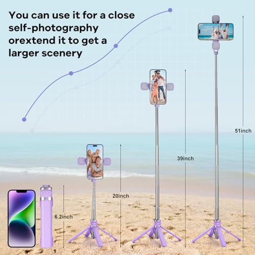 MQOUNY Mini iPhone Tripod Stand & Selfie Stick with Wireless Remote & Removable Light, Extendable Stand 360 Rotation Compatible with iPhone & Android Samsung (Purple) - color: Purple
