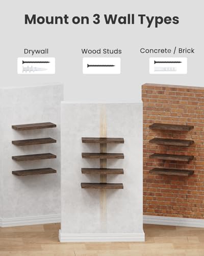Amada Paulownia Wood Floating Shelves for Wall, Set of 4, Brown | Wall Shelves with Solid Metal Concealed Brackets, 22 lbs Capacity per Shelf, Includes Drilling Template, Flexible 4-Piece Set - color: Brown, size: 4