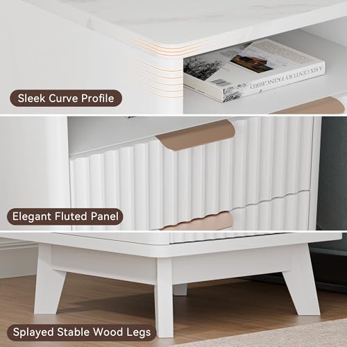 White Nightstand with 2 Drawers, 18" Modern Night Stand with Faux Marble Top, Open Storage Shelf, Fluted Bedside Table for Bedroom, End Table Side Table - color: White Marble