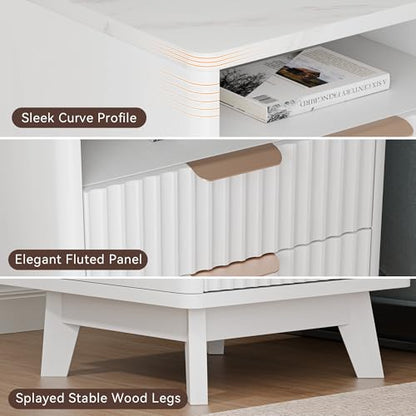 White Nightstand with 2 Drawers, 18" Modern Night Stand with Faux Marble Top, Open Storage Shelf, Fluted Bedside Table for Bedroom, End Table Side Table - color: White Marble
