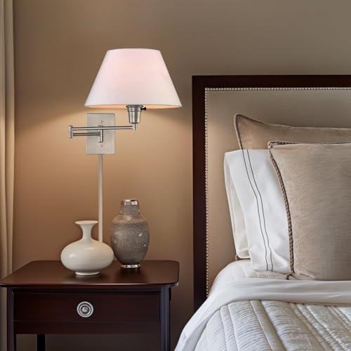 Kira Home Cambridge 15" Modern Swing Arm Wall Sconce + 3-Way Switch, 2-Pack | White Empire Fabric Shade, 2-in-1 Plug In or Hardwired Bedroom Wall Lamp, Satin Nickel Finish - color: Brushed Nickel,White Shade,2-Pack