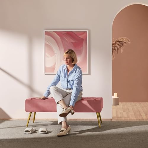 Yaheetech 45in Upholstered Velvet Ottoman Bench Seat with Gold Legs, Pink | Tufted Upholstered Bench Seat, Bed Bench with Tapered Gold Metal Legs, Sized for Window Seat Entryway Living Room - color: Pink