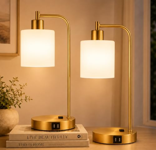 Set of 2 Industrial Touch Control Table Lamps with 2 USB Ports and AC Outlet - 3-Way Dimmable Gold Bedside Lamps Nightstand Desk Lamps for Bedroom Living Room, Opal Glass Shade & 2 LED Bulbs Included - color: Gold(2 pack)-Opal Glass-Touch Control