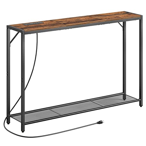 MAHANCRIS 43.7" Console Table with Outlet, Narrow Sofa Table with 2 Shelf | 2 Tier Behind Couch Table, Charging Station, Steel Frame, for Entryway, Living Room, Foyer, Hallway, Office, Rustic Brown - color: Rustic Brown