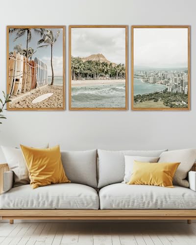 UPWOIGH Hawaii Coastal Framed Wall Art, 16 x 24 Inch, Set of 3 | Surfboard Beach, Diamond Head and Honolulu Prints, Soft Coastal Tones, Light Wood Frames for Living Room and Office - color: Grey Hawaii, size: 24"L x 16"W
