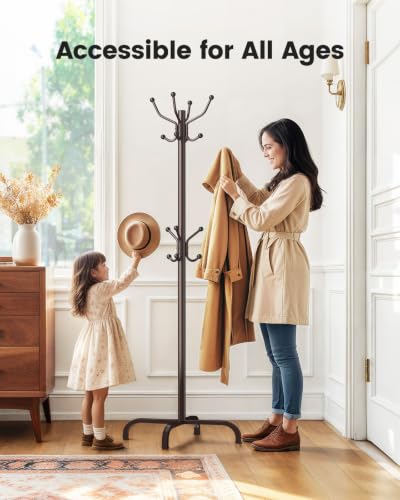Pipishell Coat Rack with 14 Hooks, Freestanding Coat Rack Stand for Entryway, Hallway, Bedroom, and Office, Metal Coat Tree & Hat Rack for Coats, Hats, and Bags, Brown | Durable metal frame, stable four-point base, 2 hook heights for adults and kids, smoo