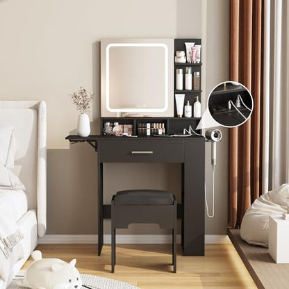 Fameill Vanity Desk with Mirror and Lights, Small Makeup Vanity | with Drawer & Storage Shelves, Black Dresser Table with Charging Station & Time Display, Vanity Set with Chair, for Bedroom