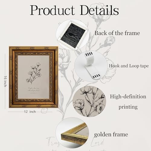 Vintage Gold Framed Wall Art Christian Bible Verse Wall Art Neutral Floral Scripture Wall Decor Picture Rustic Watercolor Floral Religious Poster Print for Living Room Bedroom 12x16in - color: Floral Scripture, size: 16"l X 12"w