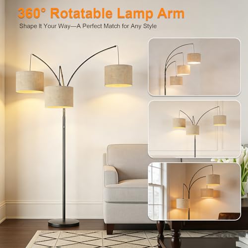 80 Inch Arc Floor Lamp with Remote Control, 3-Light Dimmable Standing Lamp | 2400LM Super Bright Tree Lamp for Living Room, Modern Tall Floor Lamp with Adjustable Arms&Weighted Base,3 LED Bulbs Included - color: Beige