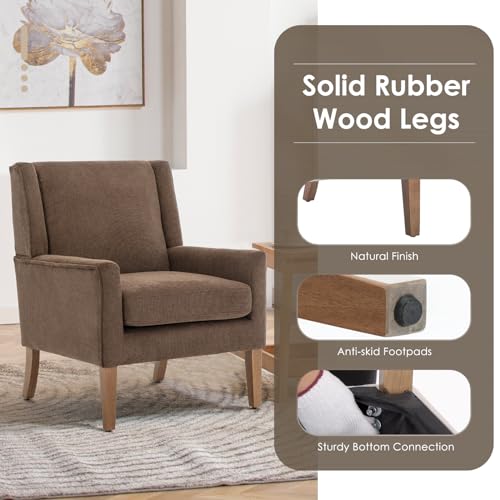 COLAMY Modern Wingback Living Room Chair, Upholstered Fabric Accent Armchair, Single Sofa Chair with Lounge Seat and Wood Legs for Bedroom/Office/Reading Spaces, Brown - color: Brown, size: Set of 1