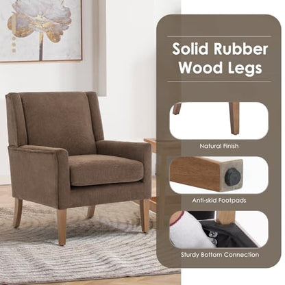 COLAMY Modern Wingback Living Room Chair, Upholstered Fabric Accent Armchair, Single Sofa Chair with Lounge Seat and Wood Legs for Bedroom/Office/Reading Spaces, Brown - color: Brown, size: Set of 1