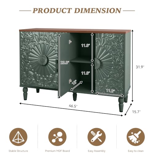Accent Cabinet with 4 Vintage Carved Flower Doors, Green | 47" Sideboard Buffet Cabinet with Storage, Decorative Cabinet Wood Credenza for Living Room, Hallway - color: Green