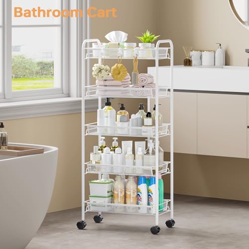 TOOLF 5 Tier Rolling Cart, Metal Utility Storage Cart with Wheels, White | 3 Hooks, Screwless Assembly, Trolley Organizer for Bathroom, Kitchen, Office, Nursery, Dorm, Laundry Room - color: White, size: 5-Tier