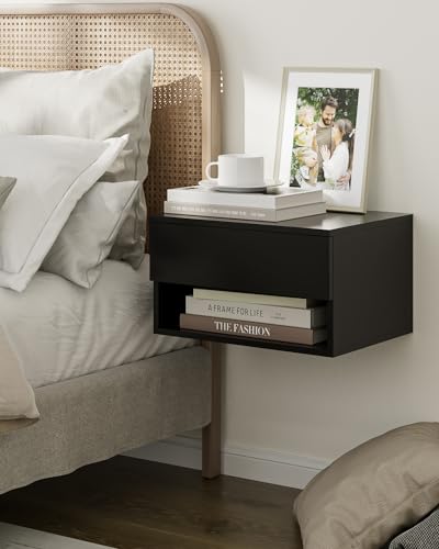 Modern Black Floating Nightstand with Drawer, Small Wall Mount Shelves | Small Space Saver, Modern Minimalist Design, Wall Mounted Shelves, for Bedroom, Bathroom, Living room, Easy Assembly, Black - color: Black