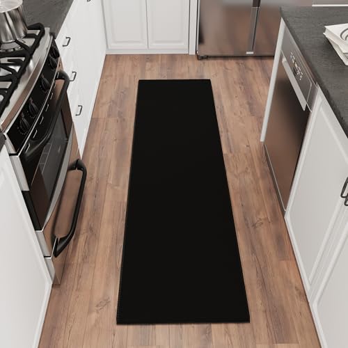Ottomanson 2x8 Rug Runners for Hallways – Non-Slip Kitchen Rugs | Black Solid Indoor Entryway Rug – Ultra-Thin Floor Mat for Bathroom Laundry Room – Bedroom Carpet, 22.5" x 8' - color: Solid Black, size: 1'10" x 8' (22.5" Wide)
