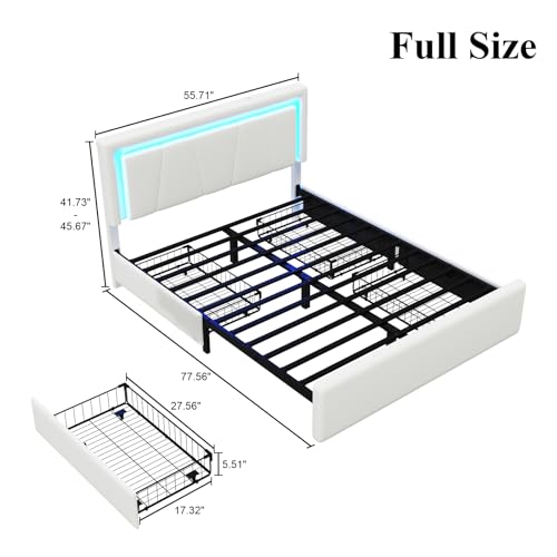 Full Size Bed Frame with 4 Storage Drawers, Upholstered Headboard, White | Modern Bed, Charging Station, LED Light, Adjustable Height Headboard, Noise-Free, No Box Spring Needed, Easy Assembly - color: White, size: Full