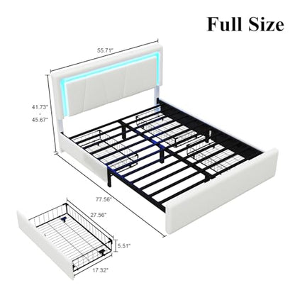Full Size Bed Frame with 4 Storage Drawers, Upholstered Headboard, White | Modern Bed, Charging Station, LED Light, Adjustable Height Headboard, Noise-Free, No Box Spring Needed, Easy Assembly - color: White, size: Full