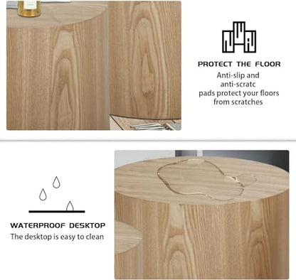 Nesting Coffee Table Set of 2, Modern Round Coffee Table with Non-Slip Feet, Oak Wooden Circle Accent Tables for Small Spaces Living Room Bedroom Balcony Office Drum Side Table - color: Oak