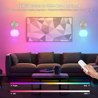 Brushed Nickel Battery Operated Wall Sconce Set of 2, Wireless Rechargeable Sconces Wall Lighting with Remote Control, LED Wall Lights with Opal White Glass Shade, 12 Colors RGB & 3 CCT Bulb - color: Brushed Nickel & Opal Glass, size: Battery 12 Inch