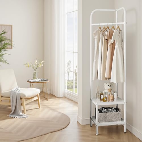 Corner Coat Racks, Heavy Duty Clothing Rack, Freestanding Garment Rack, Metal Clothes Racks Shoes Shelf Organizer for Entryway Bedroom, White
