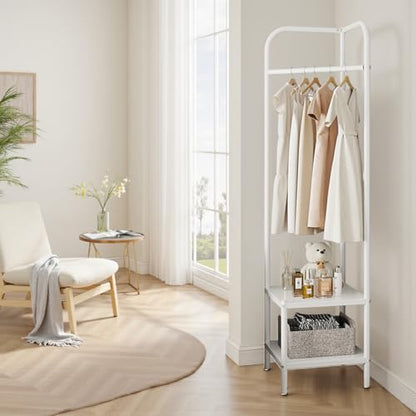 Corner Coat Racks, Heavy Duty Clothing Rack, Freestanding Garment Rack, Metal Clothes Racks Shoes Shelf Organizer for Entryway Bedroom, White