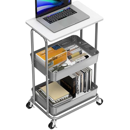 Simple Houseware 2-Tier Rolling Utility Cart Wood Top/Lockable Wheel, White | Metal Storage Organizer Trolley for Kitchen, Bathroom, Office, Craft Room - color: White