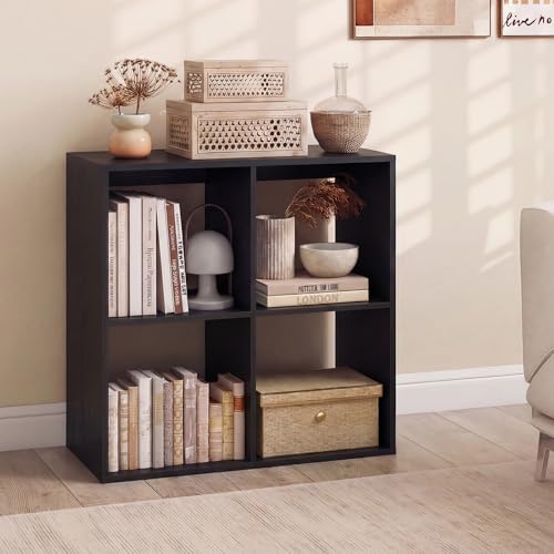 Giantex 4-Cube Bookcase, Cubby Bookshelf w/Back Guardrail & Anti-Tipping Kits, 6-Tier Freestanding Storage Organizer with Shelves, Open Back Display Rack for Living Room, Study - color: Black, size: 4-Cube