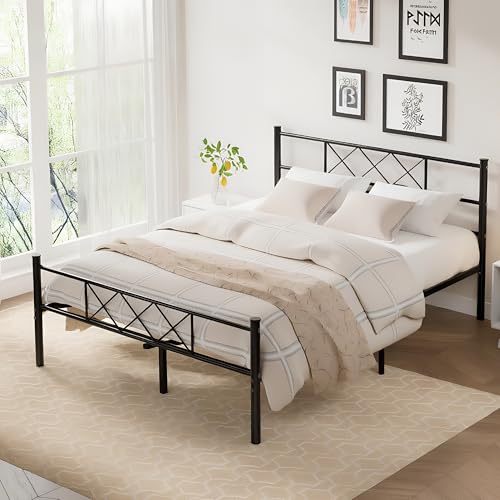 VECELO Queen Size Bed Frame with Headboard, Heavy Duty Bedframe with Strong Metal Slats, No Box Spring Needed & Easy Assembly, Matte Black - color: Matte Black, size: Queen