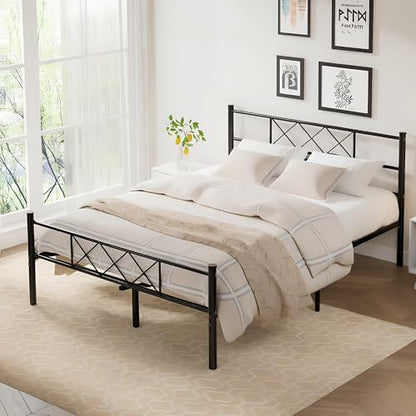 VECELO Queen Size Bed Frame with Headboard, Heavy Duty Bedframe with Strong Metal Slats, No Box Spring Needed & Easy Assembly, Matte Black - color: Matte Black, size: Queen