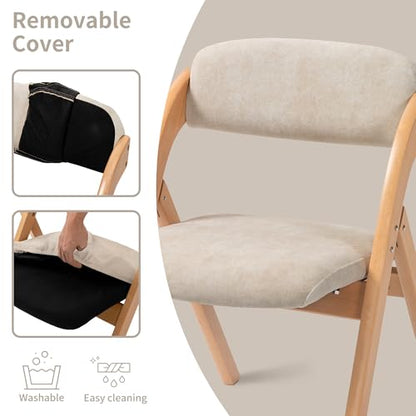 Folding Chairs with Cushion Padded Foldable Chiars 4 Pack | Wooden Dining Fold Seat with Removable Cover Extra Chair for Guests Kitchen Office Wedding Party Picnic, Cream - color: Cream, size: 4PCS