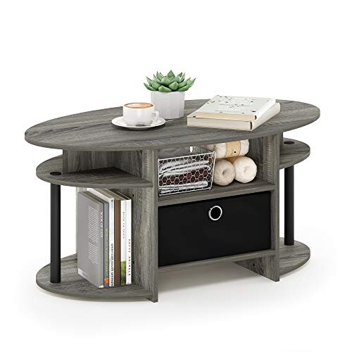 Oval Modern Coffee Table with Side Shelves and Storage Bin, Side Table with Shelf, Coffee Table, for Bedroom, Living Room, Home Office, French Oak - color: French Oak/Black/Black